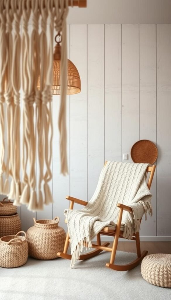Soft, cozy textures fill a serene boho nursery scene. In the foreground, a plush macrame wall hanging casts warm shadows, its natural fibers complementing woven baskets and a rattan pendant light. Mid-frame, a neutral-toned knit blanket cascades over a wooden rocking chair, inviting comfort. The background features a whitewashed wood accent wall, its textured planks evoking a rustic, earthy ambiance. Soft overhead lighting gently illuminates the tranquil space, creating a calming, inviting atmosphere perfect for a soothing nursery retreat.