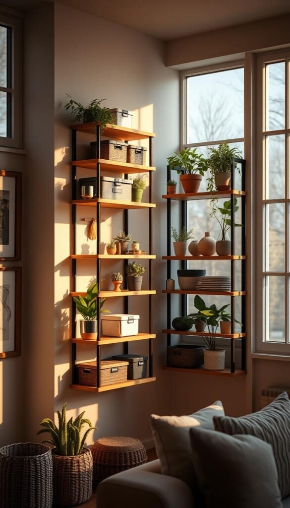 Vertical storage solutions in a cozy home corner, featuring a minimalist wooden wall-mounted shelving unit with various storage containers, potted plants, and decorative objects arranged neatly. Warm, natural lighting filters through large windows, casting a soft glow on the scene. The shelves are styled to maximize vertical space, creating a visually appealing and practical storage solution for a small living area. The overall atmosphere is one of order, tranquility, and a touch of rustic charm.