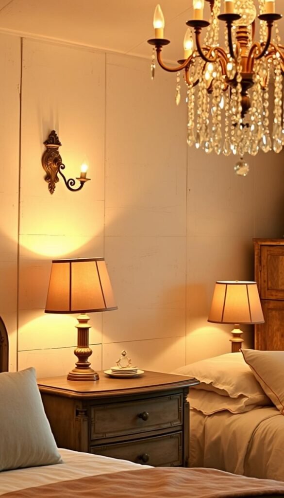 Warm, inviting vintage lighting in a cozy, shabby chic bedroom. A pair of antique brass sconces cast a soft, ambient glow on the distressed whitewashed walls. On the bedside tables, vintage table lamps with linen shades emit a gentle, flickering light. A decorative chandelier with cascading glass crystals hangs elegantly from the ceiling, adding a touch of elegant sophistication. The lighting creates a serene, romantic atmosphere, perfectly complementing the rustic, weathered furniture and soft, neutral color palette.
