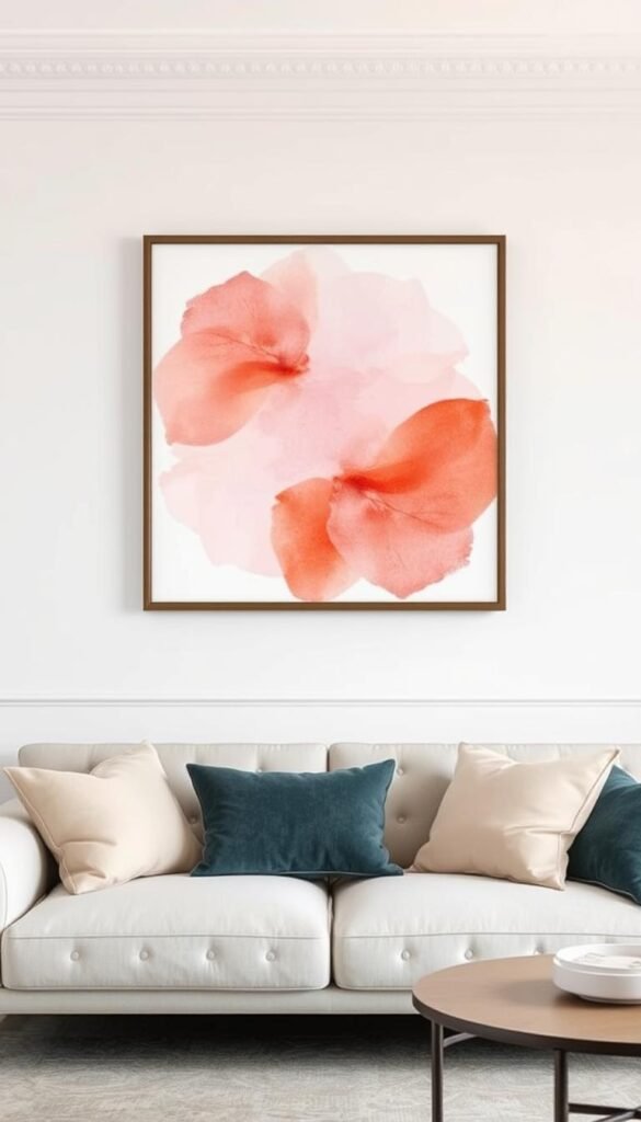 Watercolor wall art in pastel colors hanging above a sofa Watercolor wall art in pastel colors hanging above a sofa