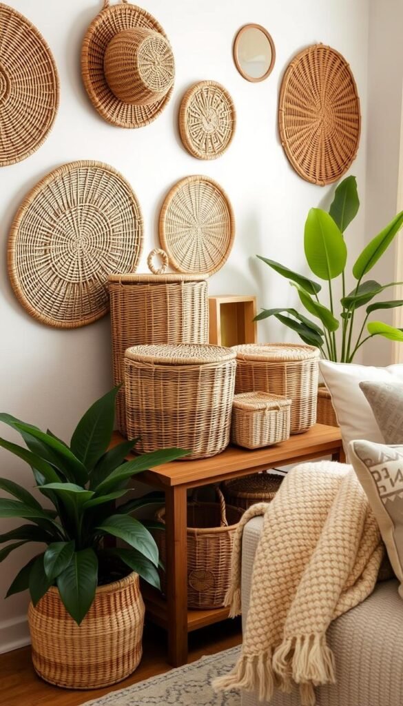 Woven storage baskets adorning a cozy living room, their intricate textures and neutral tones complementing the warm, inviting atmosphere. A central arrangement of varying-sized wicker baskets, some with lids, others open-topped, creating a visually striking display on a wooden side table. Soft, diffused lighting casts a gentle glow, accentuating the natural warmth of the materials. Surrounding the baskets, lush potted plants add a touch of greenery, while plush textiles, such as a cozy throw and patterned cushions, enhance the overall sense of comfort and style. Woven storage baskets adorning a cozy living room, their intricate textures and neutral tones complementing the warm, inviting atmosphere. A central arrangement of varying-sized wicker baskets, some with lids, others open-topped, creating a visually striking display on a wooden side table. Soft, diffused lighting casts a gentle glow, accentuating the natural warmth of the materials. Surrounding the baskets, lush potted plants add a touch of greenery, while plush textiles, such as a cozy throw and patterned cushions, enhance the overall sense of comfort and style.