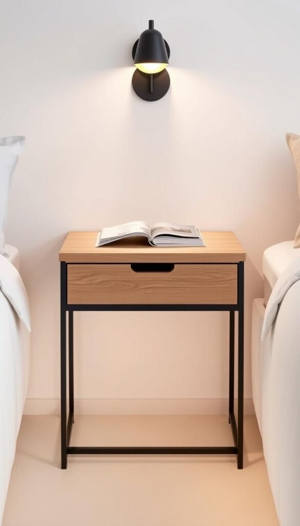 a meticulously designed bedside table with a clean, minimalist aesthetic. The table features a smooth, light-colored wooden top complemented by a slender, metal frame in a matte black finish. The table has a single drawer or open shelf in the center, providing ample storage space for books, a reading lamp, and other bedtime essentials. The table is positioned against a white wall, with warm, diffused lighting from a sconce or pendant fixture above, creating a serene and inviting atmosphere. The overall composition conveys a sense of balance, functionality, and contemporary style. a meticulously designed bedside table with a clean, minimalist aesthetic. The table features a smooth, light-colored wooden top complemented by a slender, metal frame in a matte black finish. The table has a single drawer or open shelf in the center, providing ample storage space for books, a reading lamp, and other bedtime essentials. The table is positioned against a white wall, with warm, diffused lighting from a sconce or pendant fixture above, creating a serene and inviting atmosphere. The overall composition conveys a sense of balance, functionality, and contemporary style.