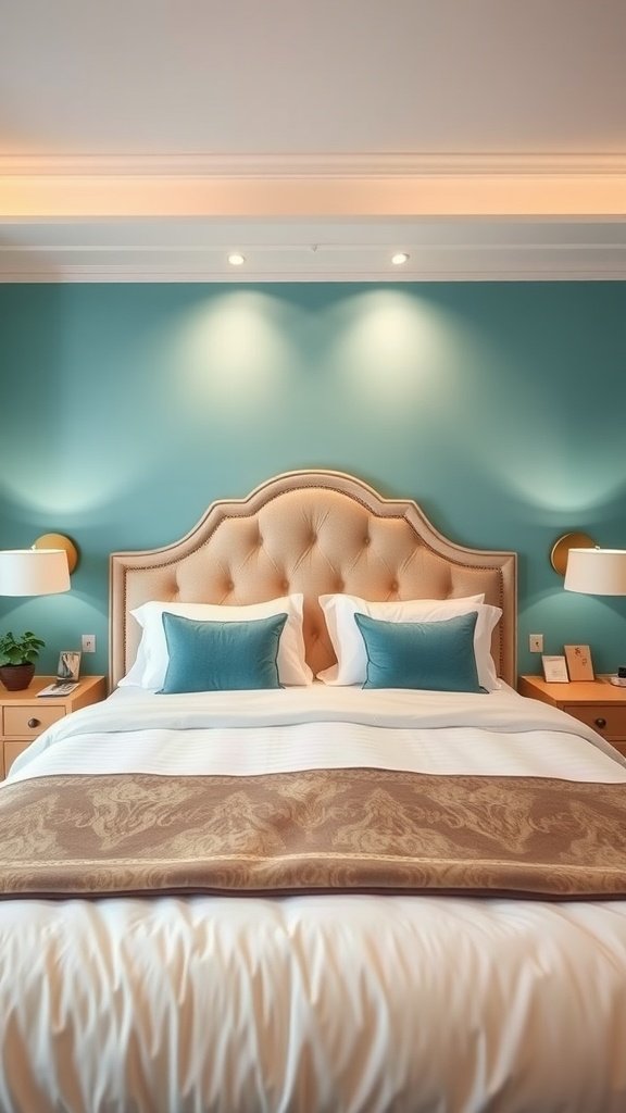 A bedroom featuring an aquamarine accent wall with a plush headboard and decorative cushions.