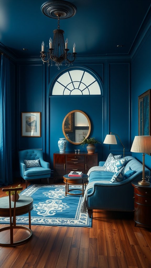 Art Deco style blue bedroom with rich blue walls, elegant chandelier, and stylish furniture.