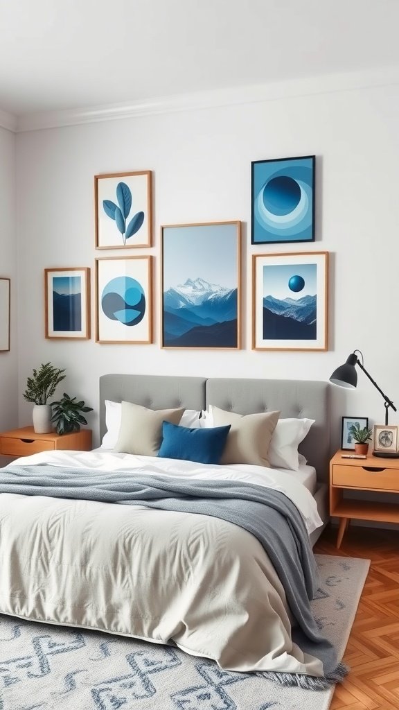 A blue-toned gallery wall in a modern bedroom with various framed artworks.