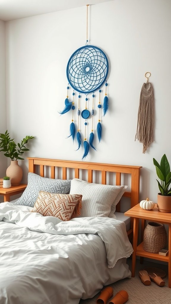 A blue dreamcatcher hanging on a wall above a cozy bed with wooden frame, decorated with blue and patterned pillows.