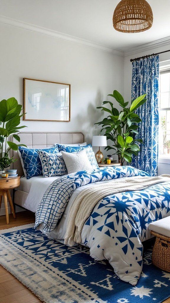 A stylish blue bedroom featuring bold geometric patterns on bedding and rugs.