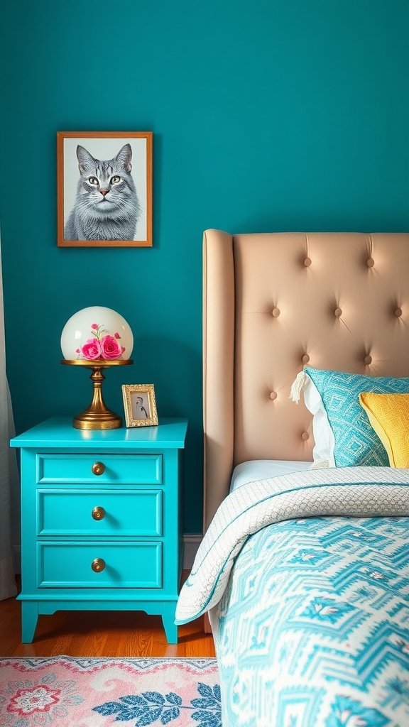 Bright aqua nightstand next to a beige upholstered bed and turquoise wall, featuring a decorative lamp and a framed photo.