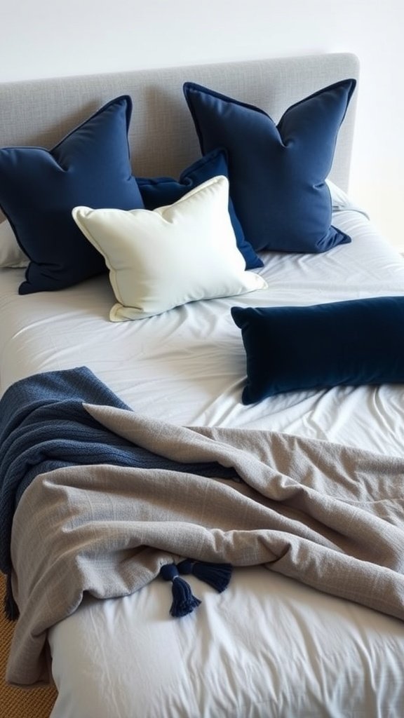 A cozy bed with navy and white pillows, and a blanket, creating a calming bedroom atmosphere.