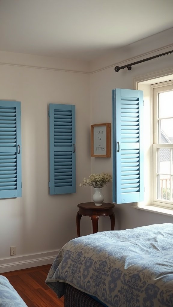 A cozy bedroom with light blue shutters and a warm wooden floor