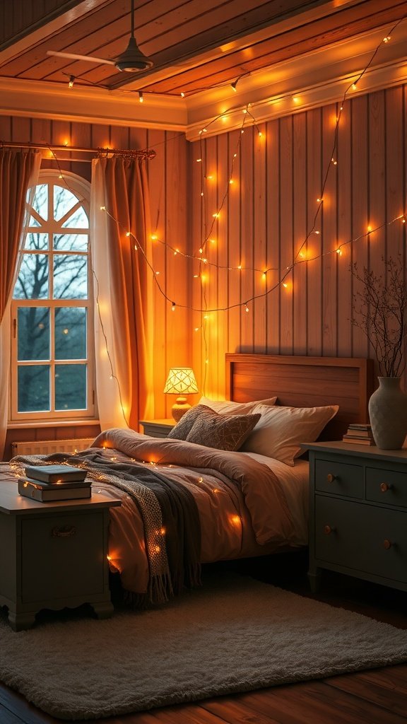 Cozy bedroom with warm fairy lights draped around wooden walls, creating a serene atmosphere.