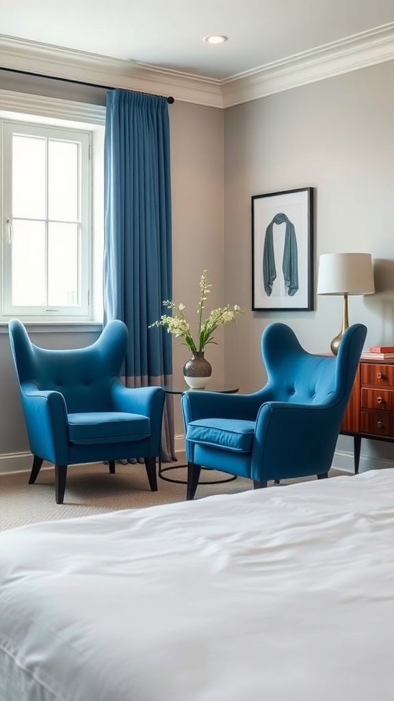 Two chic blue accent chairs in a stylish bedroom setting