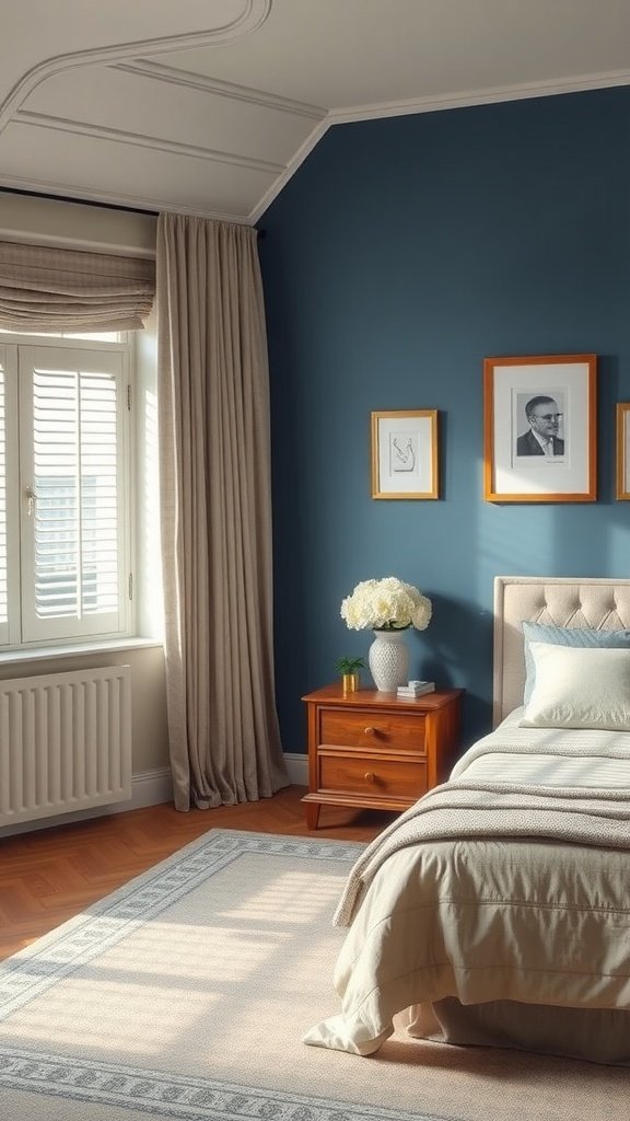 A cozy bedroom featuring a blue accent wall, beige curtains, and a wooden nightstand with decorative flowers.