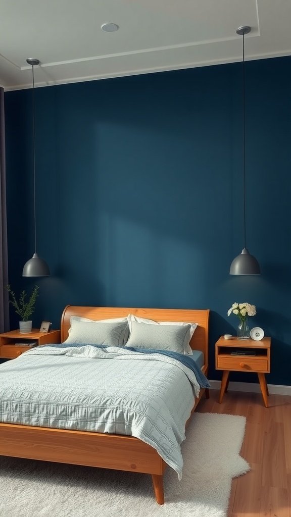 A contemporary blue bedroom featuring a dark blue wall and warm wooden furniture.