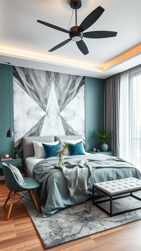 A bedroom featuring teal walls, gray bedding, and modern furniture, creating a stylish and inviting atmosphere.