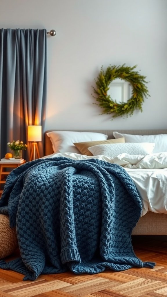 A cozy blue knit throw draped over a bed in a warm, inviting bedroom setting.