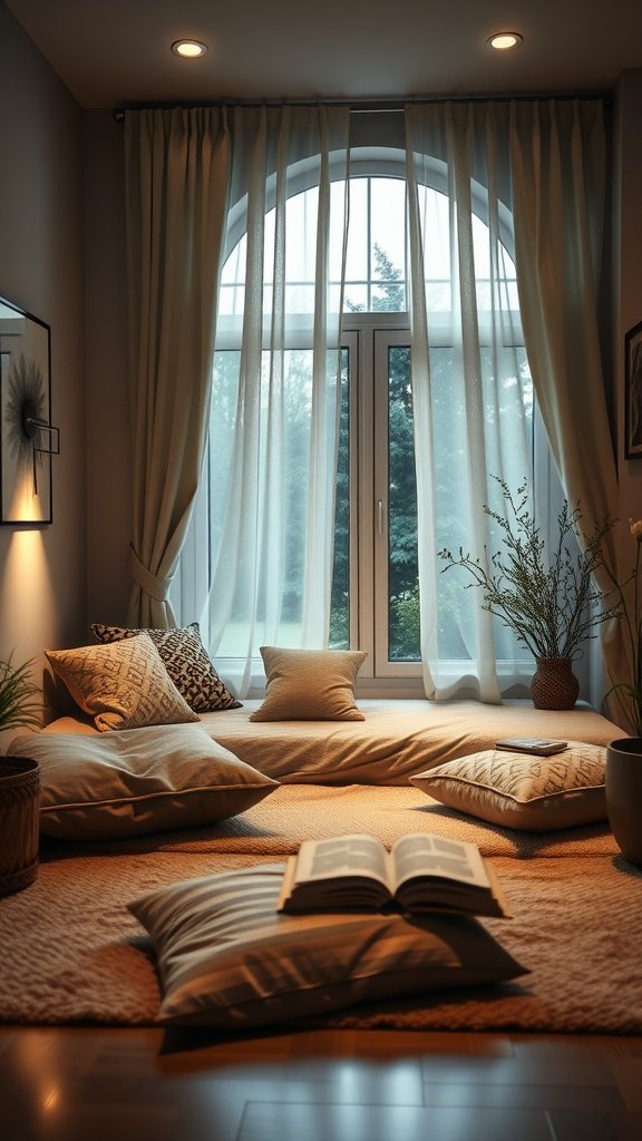 Cozy reading nook with floor cushions, natural light, and decorative plants