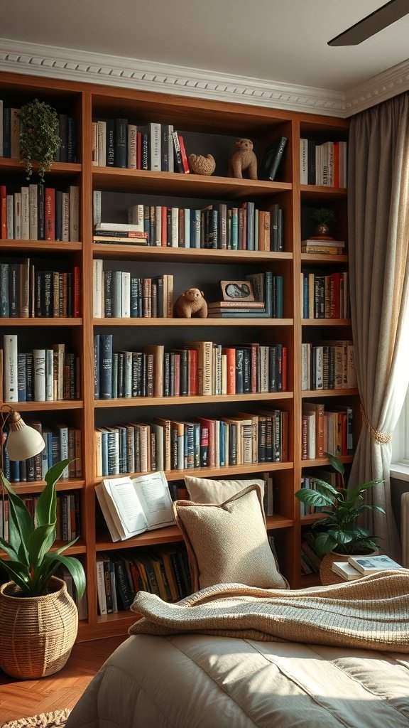 A cozy bedroom featuring a well-arranged bookshelf with books, plants, and decorative items.