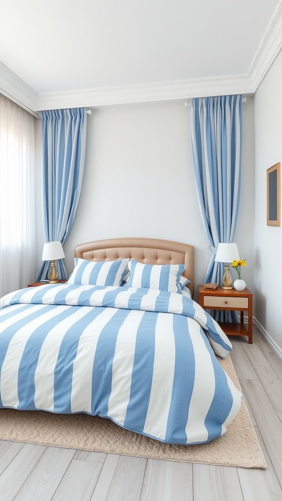 A bedroom featuring crisp blue and white striped bedding with matching curtains and light wooden furniture.