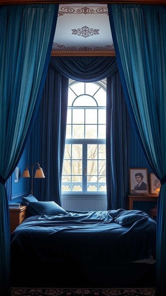 A cozy bedroom with deep blue velvet curtains framing a large window, featuring a neatly made bed and bedside lamps.
