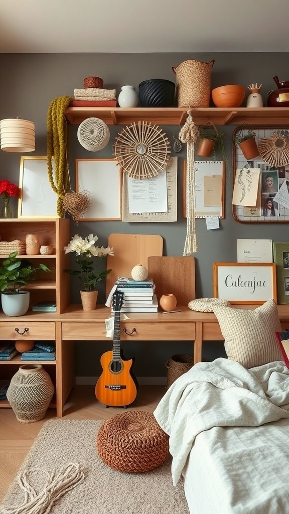 A cozy earthy bedroom with wooden shelves, plants, and decorative items creating a serene atmosphere.