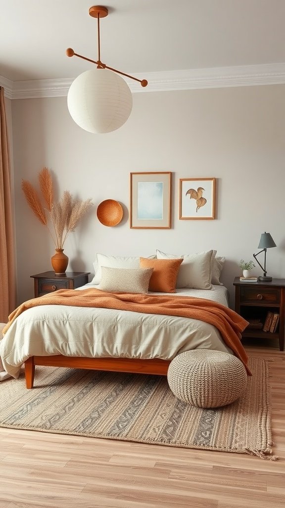 Cozy earthy bedroom with neutral tones and warm accents