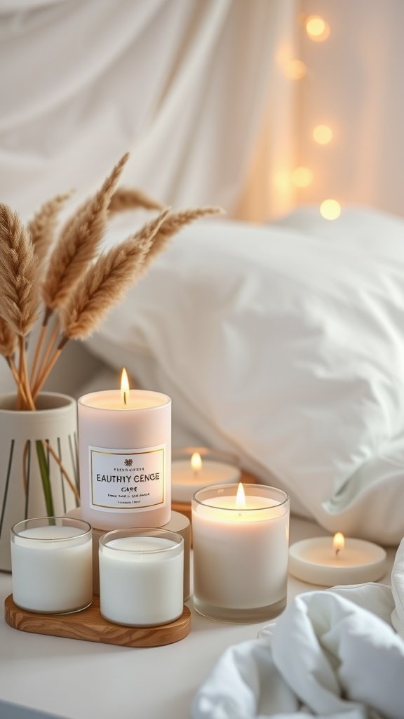 A cozy bedside table featuring earthy scented candles, pampas grass, and soft bedding.