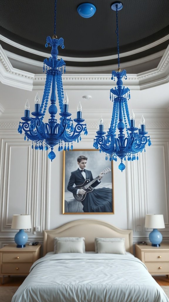 Two blue chandeliers hanging above a bed in a stylish bedroom