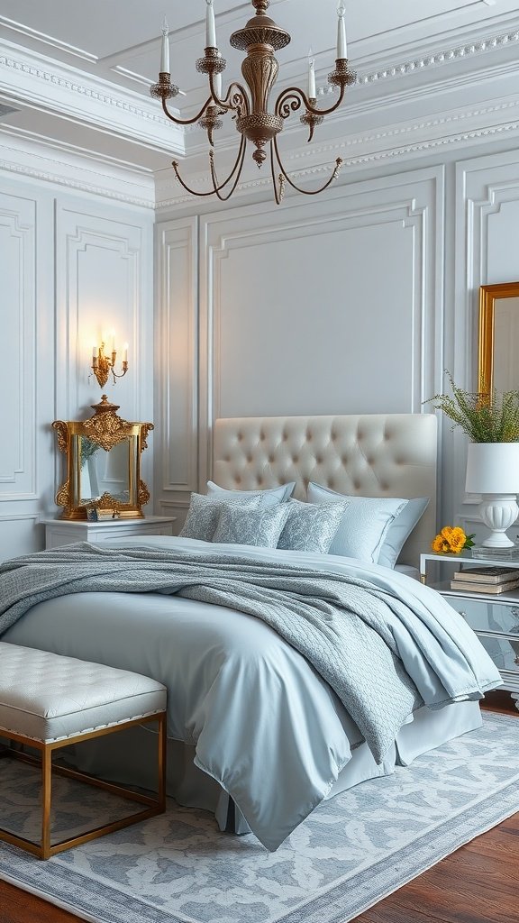 A beautifully arranged bedroom featuring light blue bedding, elegant decor, and warm lighting.