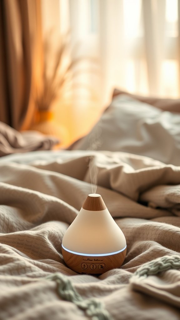 A stylish essential oil diffuser emitting mist on a cozy bed with soft blankets.