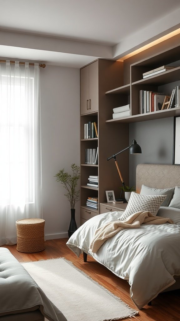 A cozy bedroom with built-in shelves, natural decor, and warm lighting