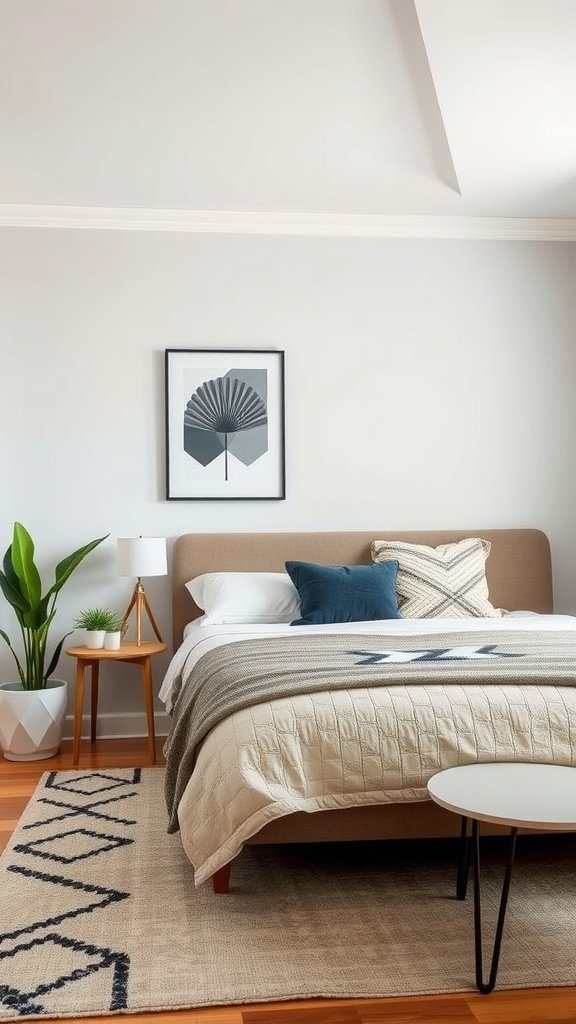 Cozy earthy bedroom featuring geometric patterns in decor.