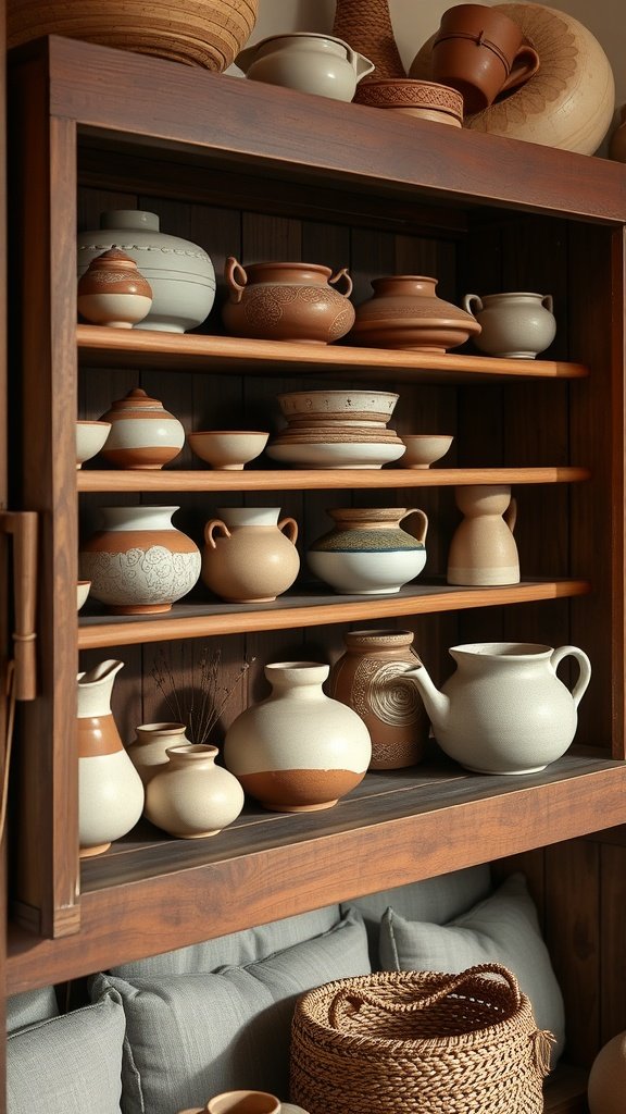 A wooden shelf filled with various handmade pottery pieces, including vases and bowls, showcasing earthy tones and unique shapes.