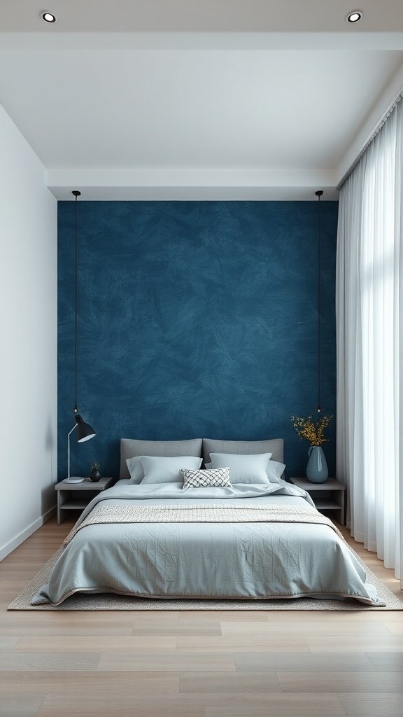 A cozy bedroom featuring an indigo textured accent wall, light bedding, and minimal decor