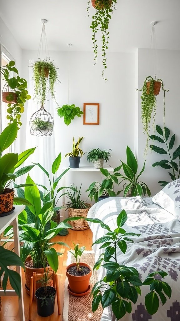 A cozy bedroom filled with various indoor plants, creating a fresh and serene atmosphere.