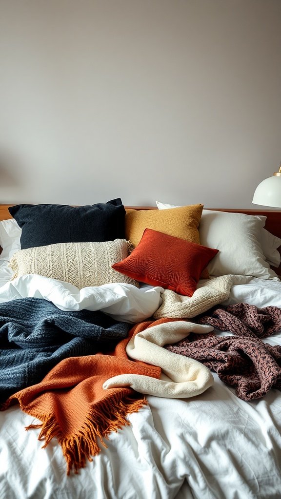 A cozy bed layered with various textured pillows and blankets in earthy tones.
