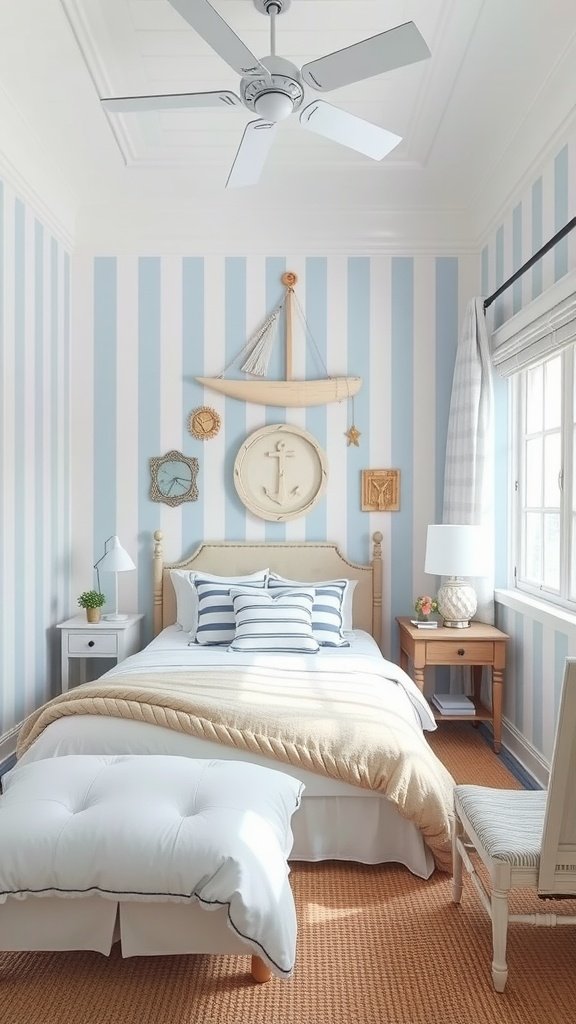 Light blue and white striped bedroom with nautical decor