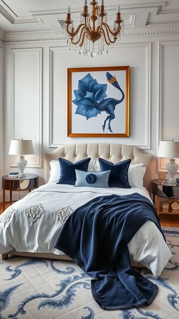 A luxurious blue-themed bedroom featuring a bed with navy throws, elegant lamps, and striking artwork.