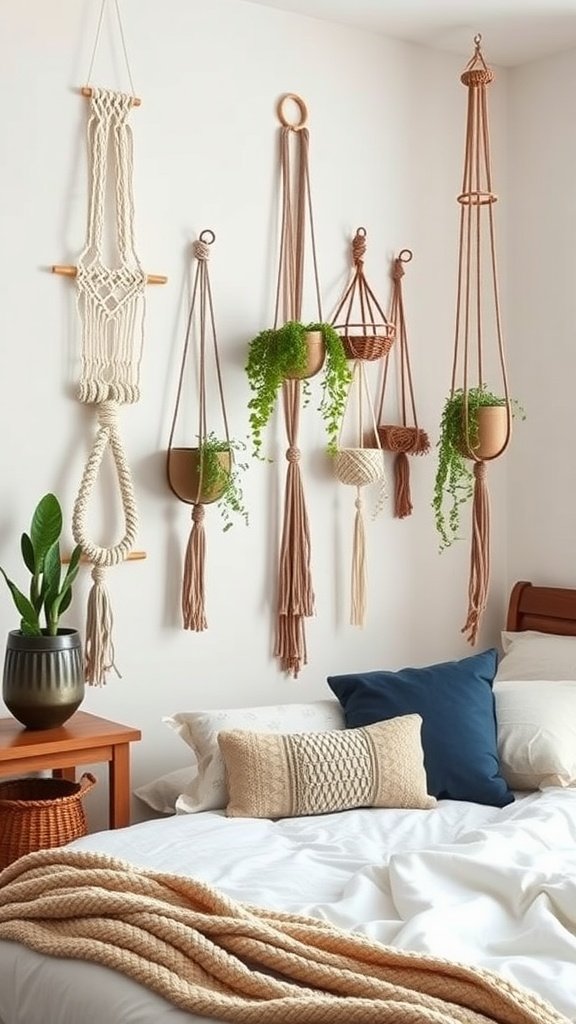A cozy bedroom featuring various macrame wall hangings and plant holders, adding a bohemian touch.