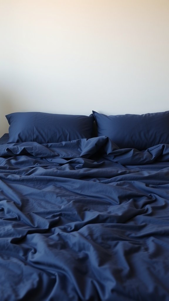 A midnight blue bedspread on a bed with matching pillows, creating a cozy and sophisticated look.