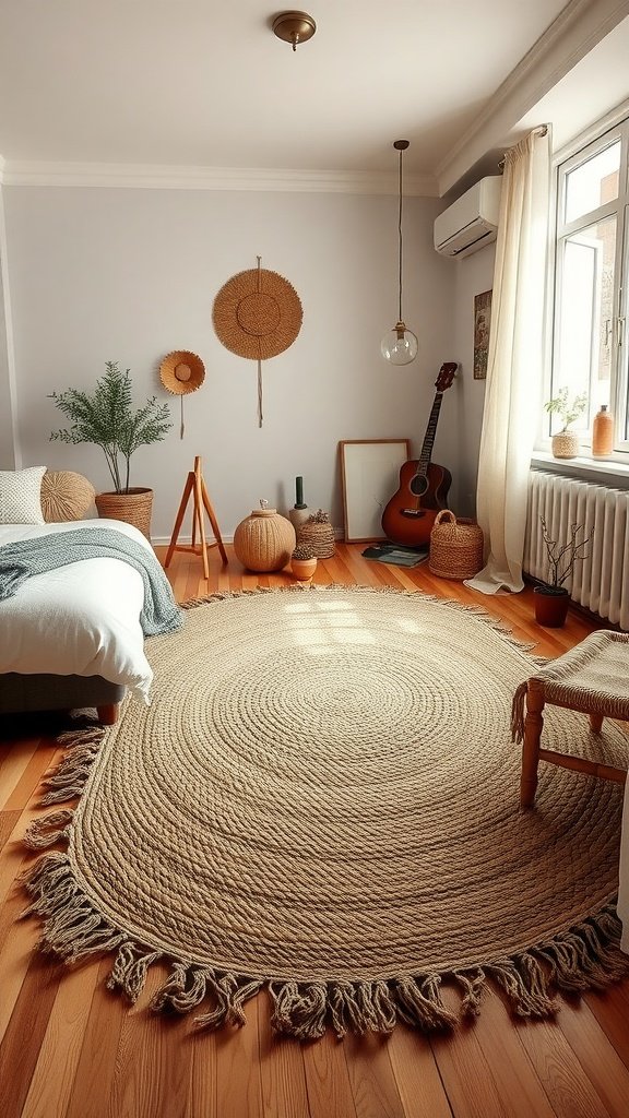 Cozy earthy bedroom featuring a round jute rug, wooden floor, and simple decor.