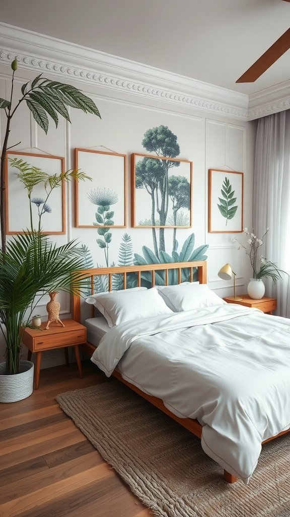 Cozy bedroom featuring nature-inspired artwork and plants
