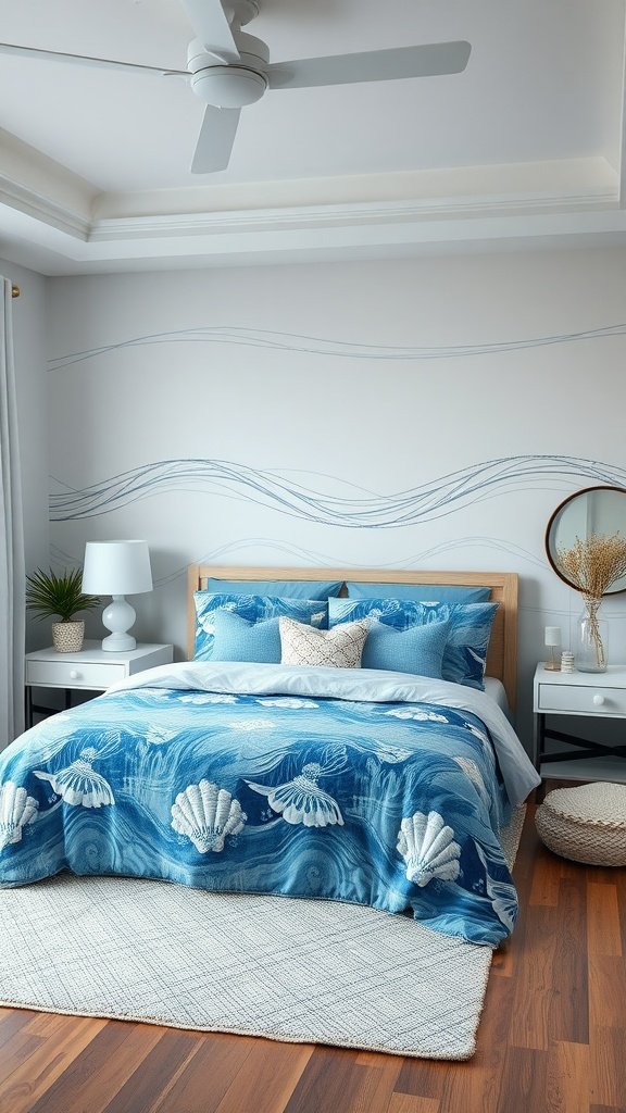 A tranquil blue bedroom inspired by ocean waves, featuring shell-patterned bedding and flowing wall designs.