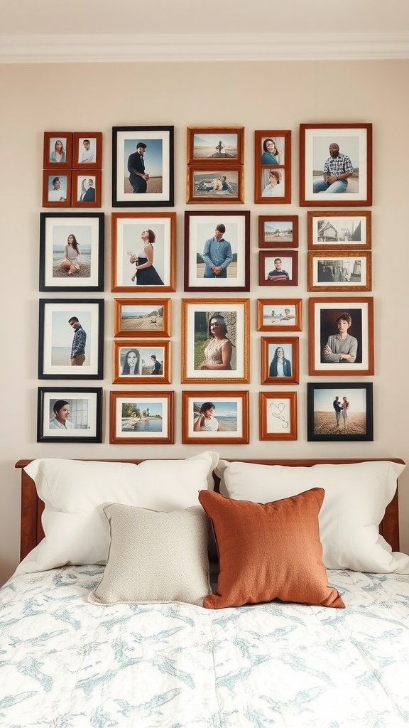 A cozy bedroom with a personalized photo gallery wall showcasing various framed photographs above a neatly made bed with pillows.