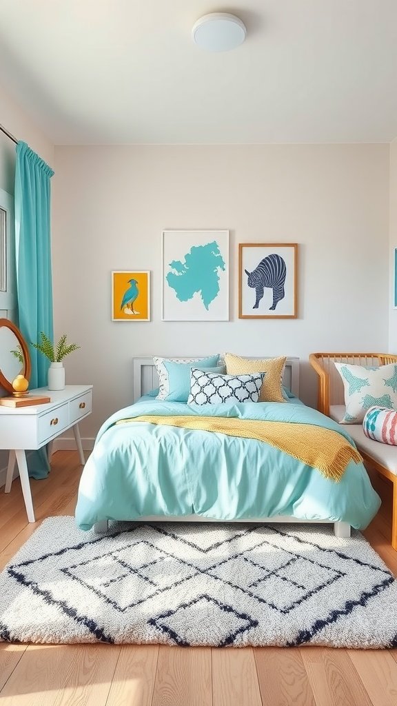 A cheerful turquoise bedroom with colorful artwork and cozy decor