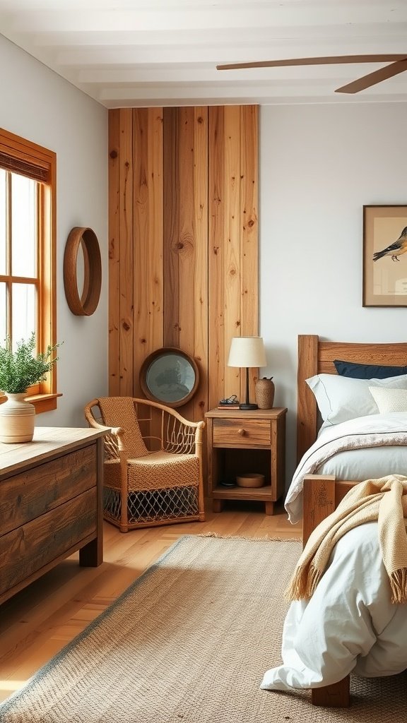 A cozy bedroom featuring reclaimed wood furniture, including a bed, dresser, and nightstand, with earthy tones and natural elements.