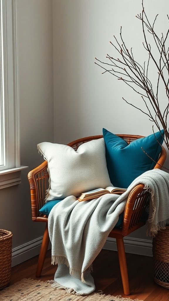 A cozy corner with a rattan chair adorned with cerulean throw pillows and a soft gray blanket, complemented by a book and decorative branches.