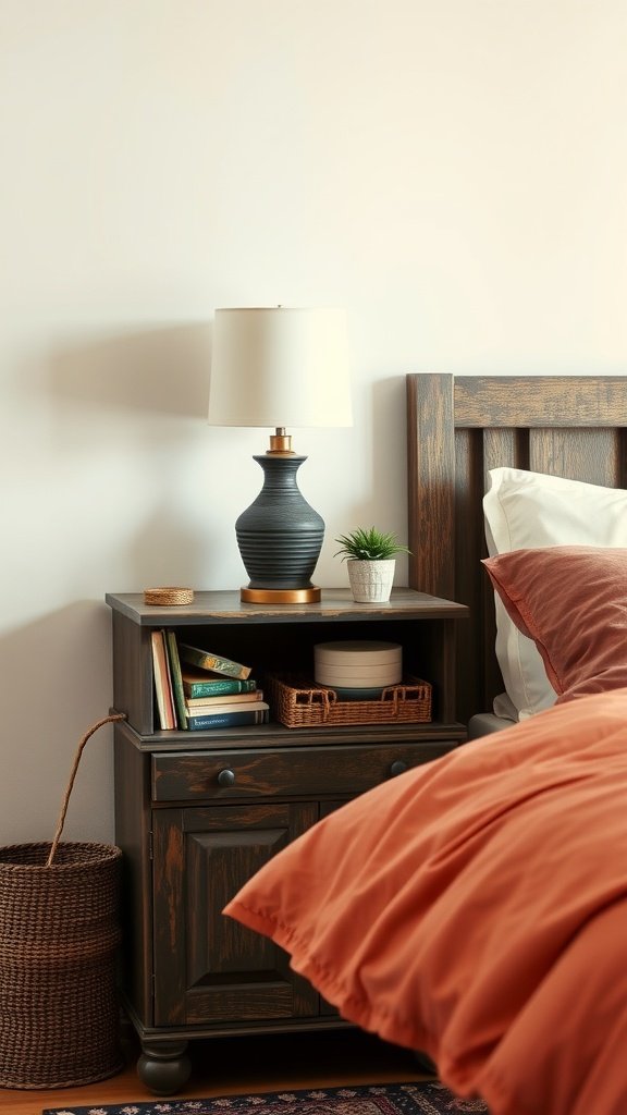 Rustic bedside table with lamp, books, and plant beside a bed