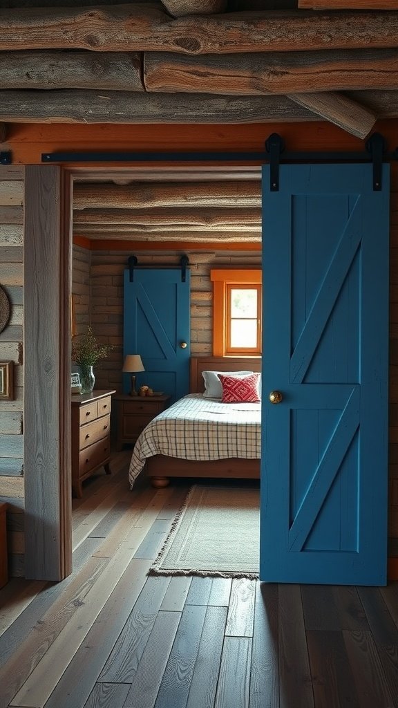 A rustic blue barn door leading into a cozy bedroom with wooden walls and flooring.