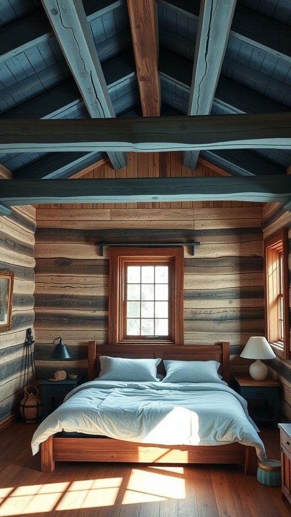 A cozy bedroom with rustic blue wood beams and natural wooden walls, featuring a bed with light bedding and warm lighting.